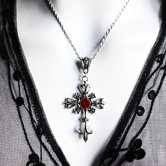 Necklace Ornate Cross Pendant Silver Magic Goth Crystal Fleur de lis Spiritual - Picture 2 of 5